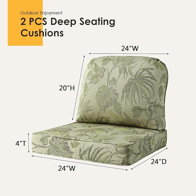 Outdoor Cushions for Patio Furniture Set of 2, 24"x24" Water Repellent Chair Cushions Removable Seat Bottom & Back Cushion Covers for Chair, Sofa, Couch, Dark Green Vine