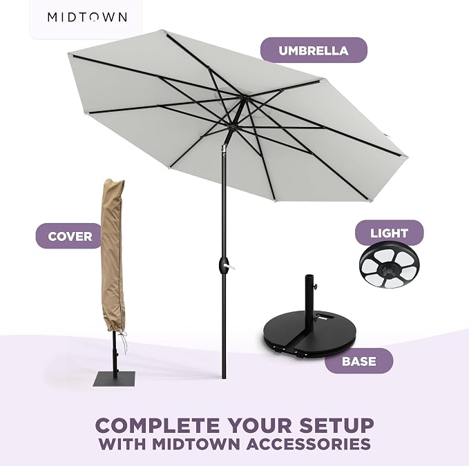 Midtown Umbrellas 10-Year-No-Fade - 8 Ft - UV Proof Off White Polyester Fabric - Umbrella Outdoor Patio, Auto-Tilt Aluminum Frame Patio Umbrella for Garden, Pool & Deck - Black Pole