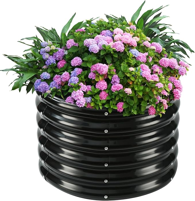YSEJOMP 17" Tall Round Outdoor Garden Raised Garden Bed Kits-0.8MM Thick Metal Raised Planter Bed/Ground Planter Box for Variety of Flowers,Herbs,Vegetables,Trees (Black, 24 Dia X 16.5 inches)