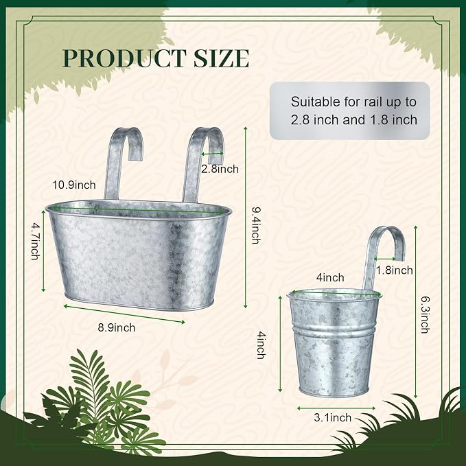 16 Pcs Hanging Flower Pots Planters for Outdoor Metal Iron Wall Flower Planter Baskets for Railing Fence Balcony Garden Yard Home Indoor Decoration with Detachable Hooks (Silver)