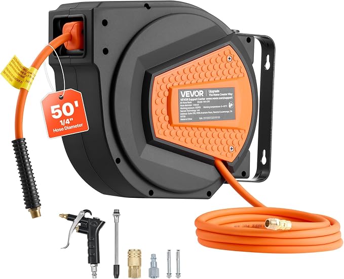 VEVOR Retractable Air Hose Reel, 1/4 Inch x 50 FT Hybrid Air Hose Max 300PSI, Enclosed Air-Compressor Hoses Reel Auto Rewind with 6.6 ft Lead in & Blow Gun, 180° Swivel Ceiling/Wall Mount