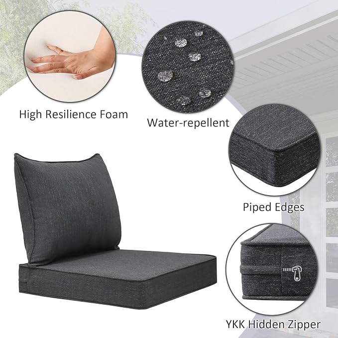 Unimatta Outdoor Patio Chair Cushions Set, 24" x 24"(24x24 Back), Set of 2, Water-Repellent, Fade Resistant, Deep Seat Bottom and Back Cushion for Backyard, Couch, Sofa, Charcoal
