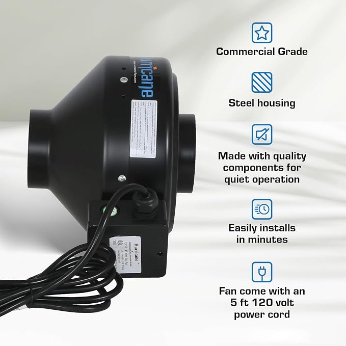 Hurricane Commercial Grade Inline Fan for Phresh and Black Ops Carbon Filters, Ideal-Air Ducting and Clamps and Titan Controls Ventilation Controllers