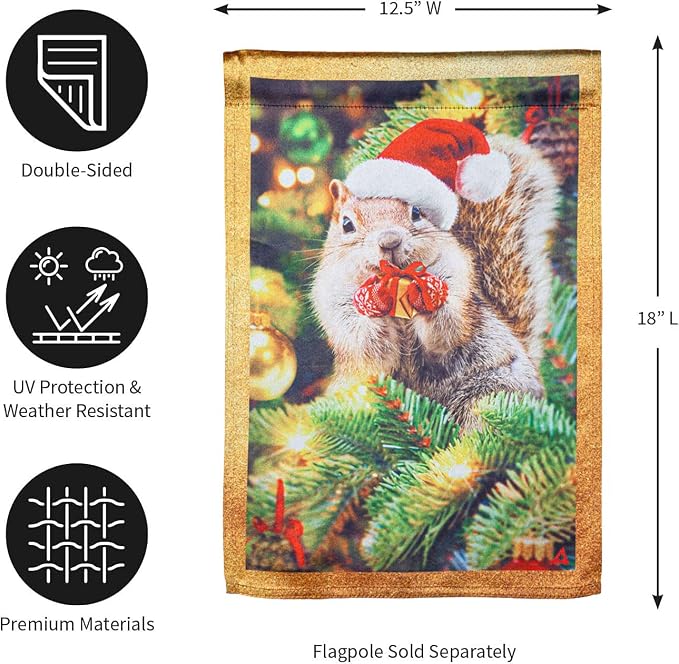 Evergreen Flag Santa Squirrel Lustre Garden Flag | Christmas Garden Flag for Outside 12x18 Double Sided | Weather and Fade Resistant | Outdoor Flag For Yards and Gardens