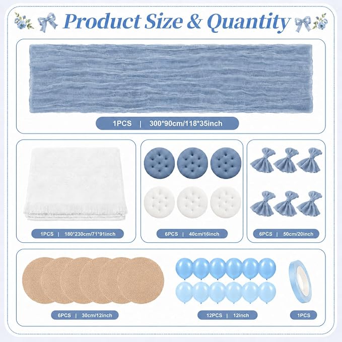 Cinrobiye Boho Picnic Party Set for Outdoor, Aesthetic Picnic Setup with Large Picnic Blanket, Floor Cushions, Table Runner, Napkins, Balloons for Wedding, Bridal Shower, Birthday (Blue)
