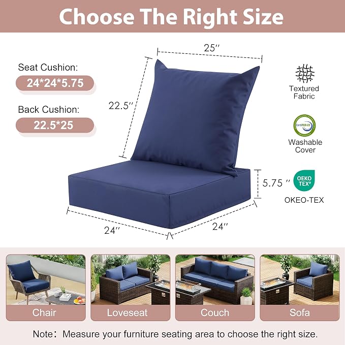 Outdoor Deep Seat Cushion Set, 24x24 Inch Water-Resistant & Fade-Resistant Outdoor Chair Cushions, Patio Furniture Cushions with Removable Cover for Patio Chair, Sofa,Navy Blue (Set of 6)
