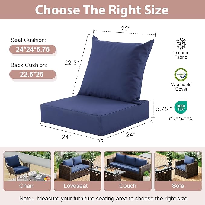 Outdoor Deep Seat Cushion Set, 24x24 Inch Water-Resistant & Fade-Resistant Outdoor Chair Cushions, Patio Furniture Cushions with Removable Cover for Patio Chair, Sofa,Navy Blue (Set of 4)