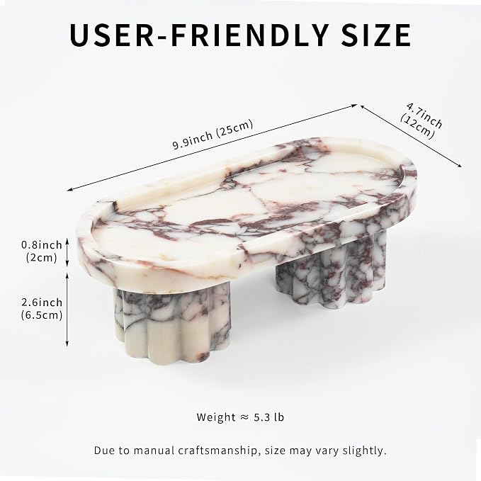 Marble Perfume Tray with Legs - Oval Decorative Stone Pedestal for Bathroom Vanity Coffee Table Kitchen Countertop, Footed Jewelry Candle Organizers Catchall Plate Riser with Scalloped Feet