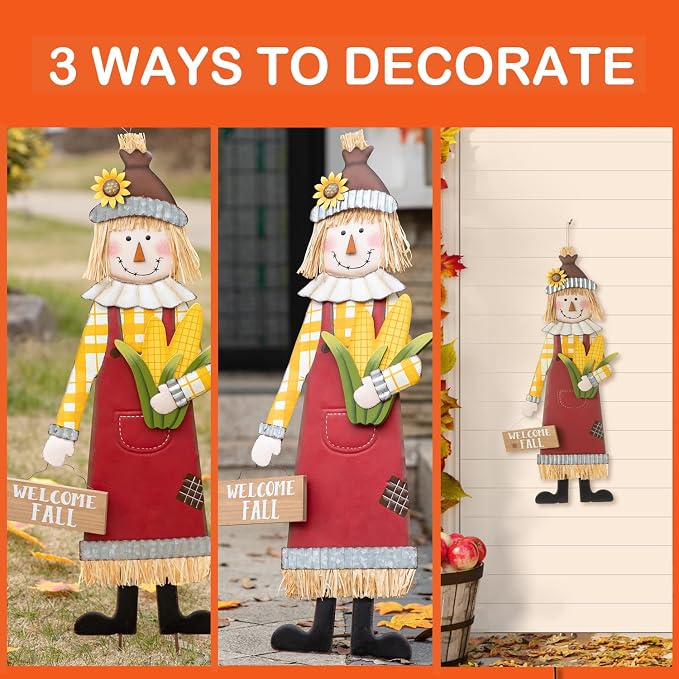 Glitzhome 37.25" H Fall Decorative Yard Signs with Stakes, Metal Scarecrow Garden Yard Stake for Home Lawn Yard Pathway Front Door Fall Harvest Thanksgiving Standing Hanging Decor