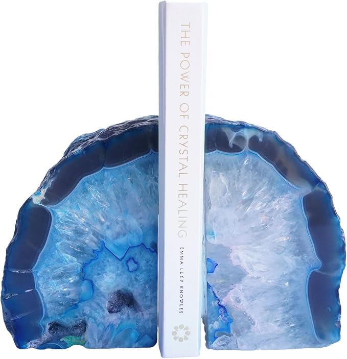 Natural Teal Dyed Agate Geode Bookends - 2 to 3 lb Heavy Duty Rock Crystal Stone Book Ends for Shelves, with Rubber Bumpers, Decorative Book Holders for Home Office