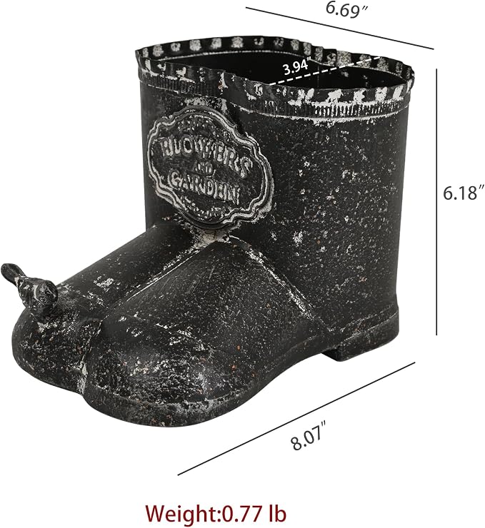 Vintage Distressed Boot Planter, Rustic Flowers & Garden Metal Rain Boot Plant Pot, Farmhouse Succulent Herb Planter for Indoor Outdoor Home Garden Patio Decor (Black - Small)