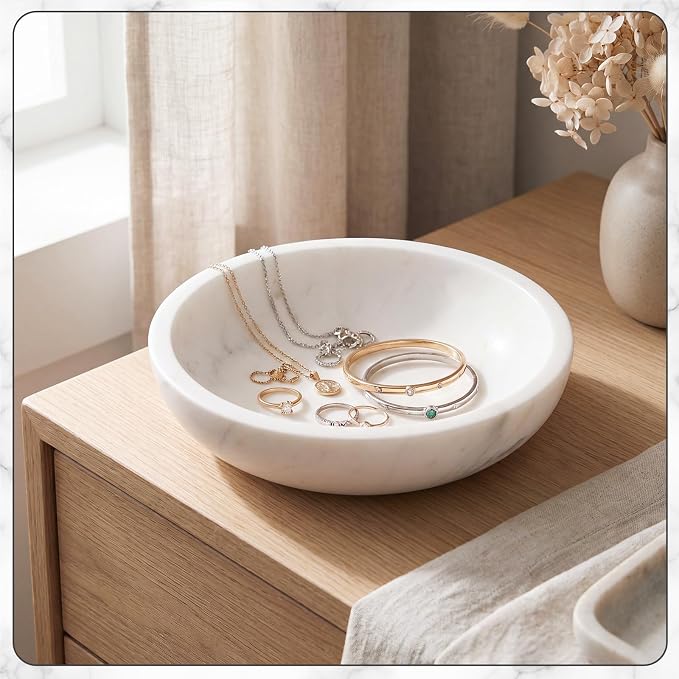 LemonRoad Marble Decorative Bowl 7.8"x 2" White Round Stone Bowl for Fruit, Dog, Entryway Key, Kitchen Counter, Dining Table Centerpiece, Office Decor