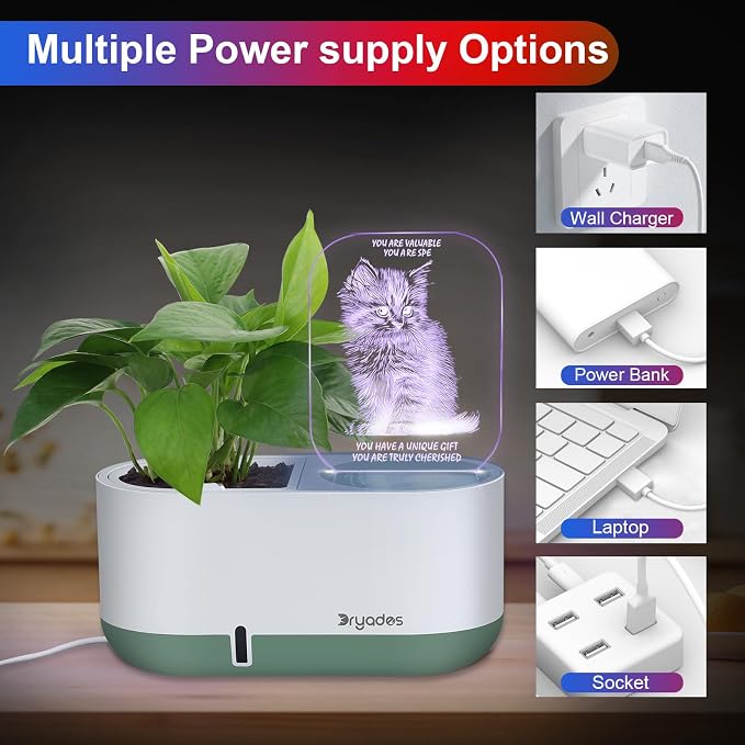 Self-Watering Planter with LED Note Board & 7 Colors Pen Acrylic Message Board with Light Acrylic Dry Erase Board, Led Cat Board Night Light with Planting Pot for Children's Day Gifts(No Plant&Seed)