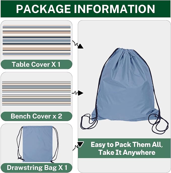 Picnic Table Cover with Bench Covers Elastic Edges, Blue Tripes Camper Fitted Table Cover, Outdoor Patio Camping Essentials 72 Inch 4PCS, Waterproof Camping Fitted Tablecloth with Drawstring Bag