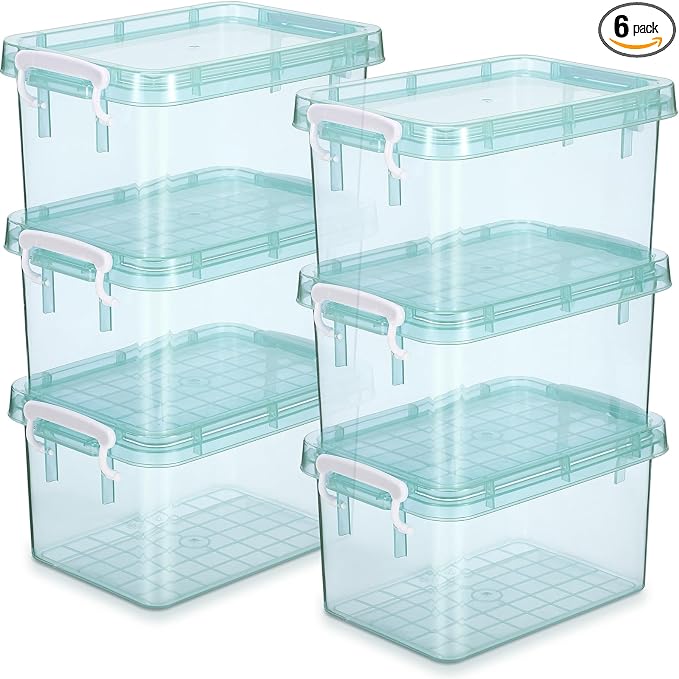 Wenqik 6 Pack Colorful Plastic Storage Bins with Lids 4 Quart Small Storage Latch Box Stackable and Nestable Clear Organizer Bins with Latching Handle and Buckle for Organizing(Cyan)