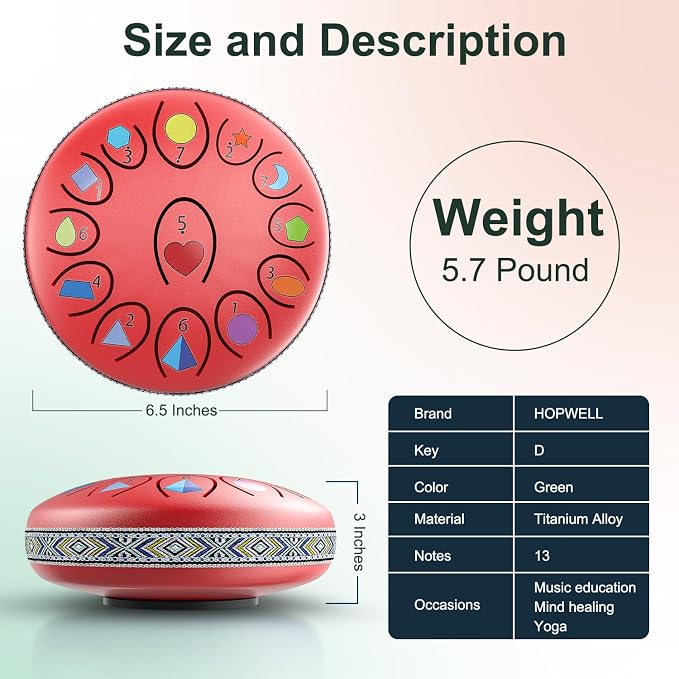REGIS Rain Drum for Outside Garden, 6.8 Inches 13 Notes Steel Tongue Drum, Waterproof Meditation Rain Chime, UV-Printed Notes & Geometric Design, with Bag, Mallets & Music Book(red)