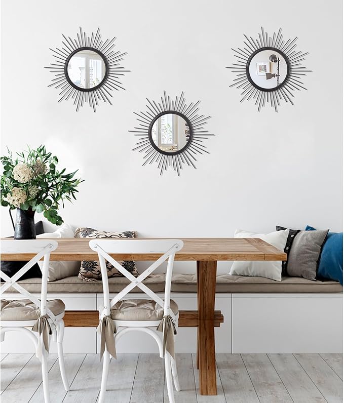 3 Pack Black Metal Wall Mirrors Sunburst Wall Mirrors Home Décor Art Decorative Modern Bohemian Hanging Wall Art for Bedroom Bathroom Living Room Entryway Small 12''