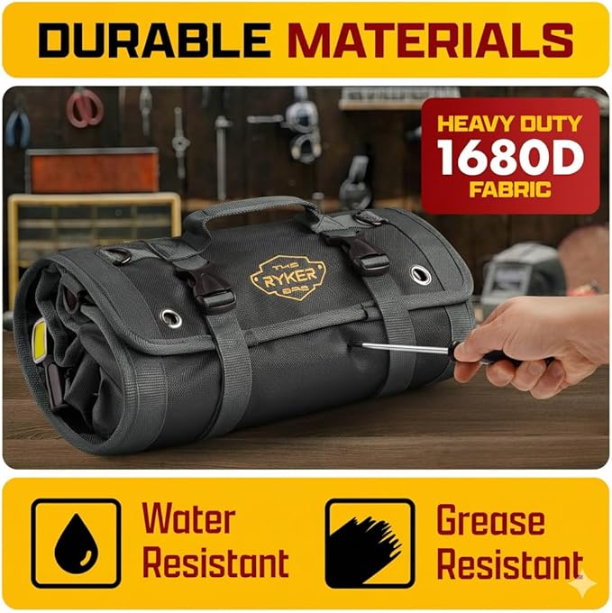 Ryker PRO Heavy Duty Motorcycle Tool Roll Up Bag w/Socket Wrench Organizer | Motorcycle Dad Gifts for Men. Off Road Roll Up Tool Bag w/ Accessible Pouches and Pocket Labels. Overland Gear Tools Bag Kit