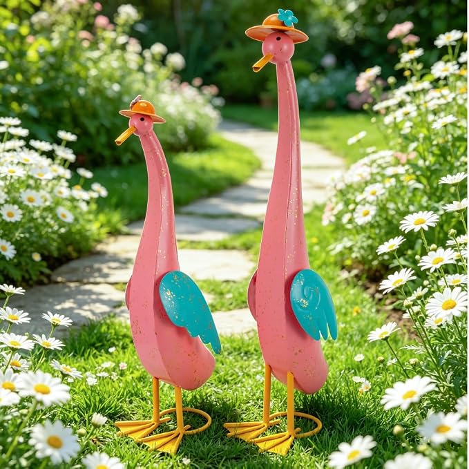 22" Duck Garden Statue Set of 2 Metal Ducks | Outdoor Yard Art Porch Animal Figurine Lawn Ornament Rustproof Yard Sculptures for Outside Patio Backyard Decorations