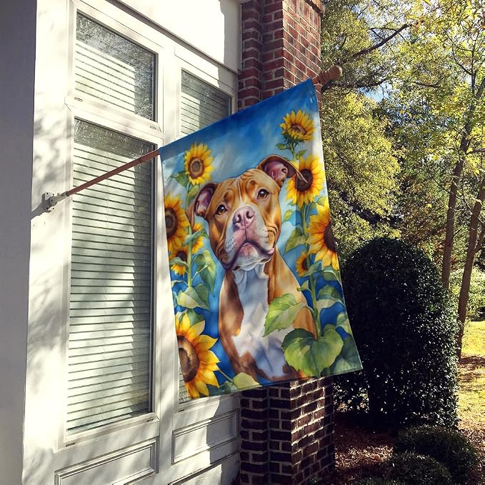 Caroline's Treasures DAC6133CHF Pit Bull Terrier in Sunflowers House Flag Large Porch Sleeve Pole Decorative Outside Yard Banner Artwork Wall Hanging, Polyester, House Size, Multicolor