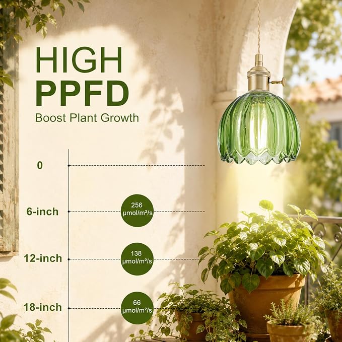 Hanging Grow Lights for Indoor Plants, 12W Full Spectrum 98+ CRI Grow Lamp, Dual CCT 3000K/4000K, Dual Switches, Pulley Height Adjustable, 13.12FT Cord, Petal Glass Plant Light for Indoor Flowers