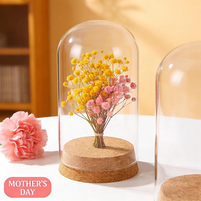 IMIKEYA 5Pcs The Bell Jar Glass Cloche with Rustic Wood Base, Tall Clear Decorative Cloche Glass Dome Display Case for Plants, Curios, Keepsakes, Heirlooms