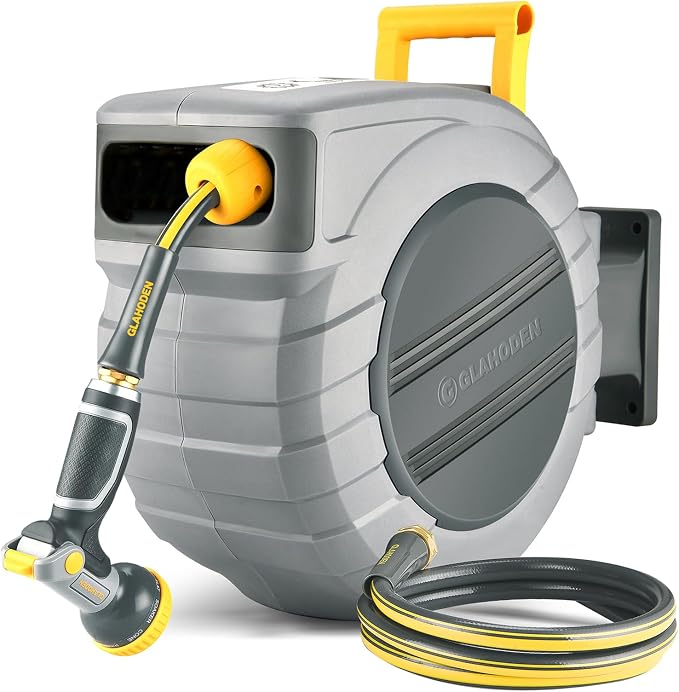 GLAHODEN Retractable Garden Hose Reel 1/2 in x 115 ft, 2025 Upgraded Dual Ratchet Lock UV & Freeze Protection Brass Seal Slow Retraction Anti-Tangle Hose 180°Swivel Reinforced Scaffold Wall Mount