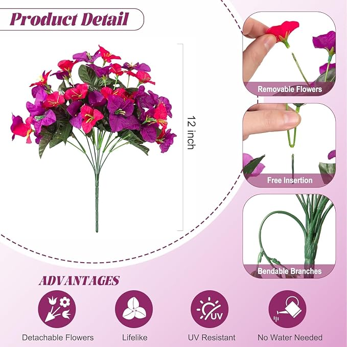 INXUGAO Artificial Flowers Faux Plants for Outdoors Spring Summer Decor, 6 Bundles Fake Bougainvillea Silk Flowers UV Resistant Realistic for Outside Planter Porch Patio Garden Home (Purple Fuchsia)