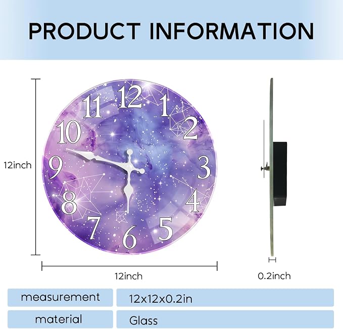 Britimes Round Purple Wall Clock Silent Non-Ticking Battery Operated Glass Decorative Outdoor Waterproof Clock 12 Inch, Galaxy Constellation Home Decor for Living Room, Kitchen, Bathroom, and Bedroom