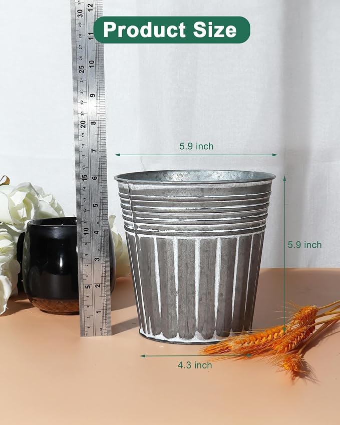 vensovo 6 Inch Silver Metal Rustic Flower Pots - 6Pcs Galvanized Planters with Drainage Hole and Rubber Plug, Rustproof Metal Bucket Plant Pots Farmhouse Vintage Style for Decor
