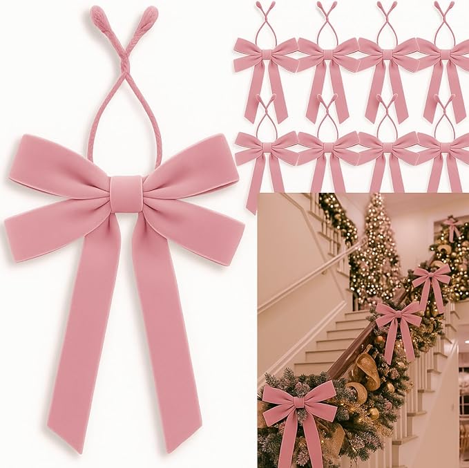 Soulchen 12 Pcs 20 Inches Christmas Garland Ties with Large Velvet Bows Reusable Holiday Wreath Twist Tie Bows for Banister Christmas Tree Indoor Outdoor Party Decorations (Pink)
