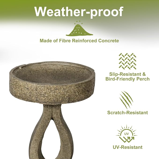 SKYFIRE 21.8" H Outdoor Birdbath for Garden -Fibre Reinforced Concrete Large Bird Bath Outdoor Decor with Modern Pedestal for Garden, Patio, Lawn -15.7”Dia. X 21.8”H Contemporary Birdbaths&Supports