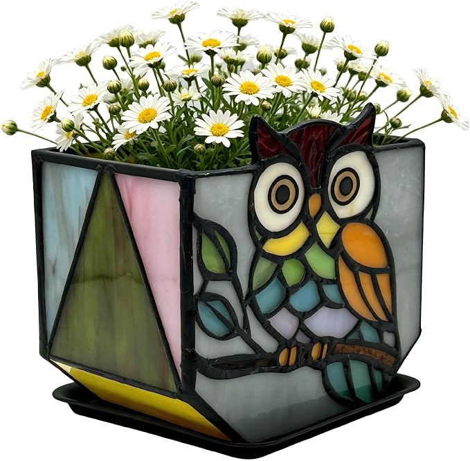 Stained Glass Owl Planter, Indoor Plant Pot with Drainage Hole, Cute Plant Pots,Owl Gifts for Women