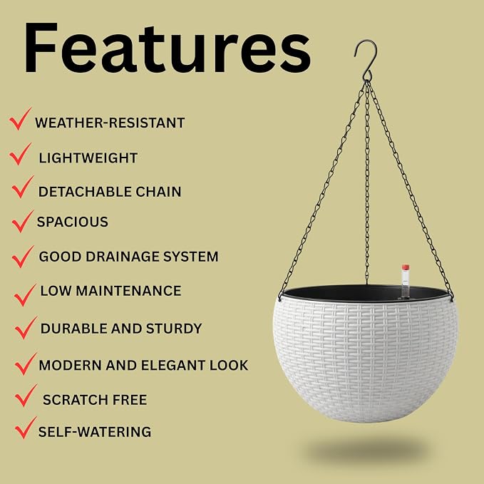 LaLaGreen Indoor Hanging Planter (11 Inch, 2 Pack) Self-Watering Round Flower Pot with Water Level Indicator, White Rattan Style Hanging Basket on Metal Chain for Balcony, Porch, Patio, Garden Decor