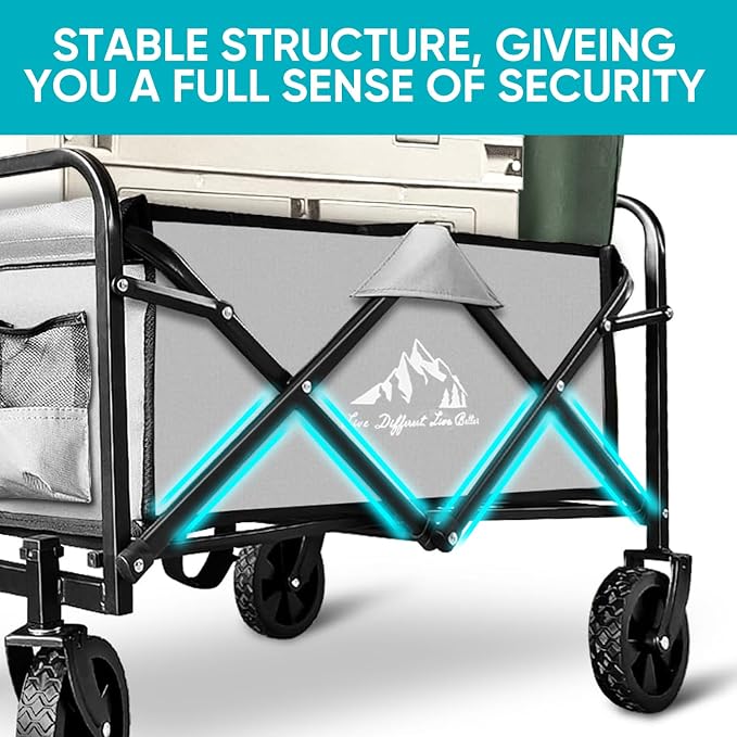 Collapsible Wagon with Quiet Wheels - Silent Grocery Shopping Cart for Seniors, Foldable Utility Cart for Laundry & Apartment, Washable Heavy Duty Rolling Wagon with Two Mesh Pockets, Gray