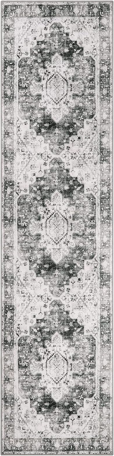 Moynesa Ultra-Thin Washable Runner Rug - 2'6" x 10' Grey Long Hallway Rug Runner Kitchen Carpet Runner 10ft, Vintage Non Slip Low Pile Stair Floor Mat for Bathroom Bedroom Living Room Entryway