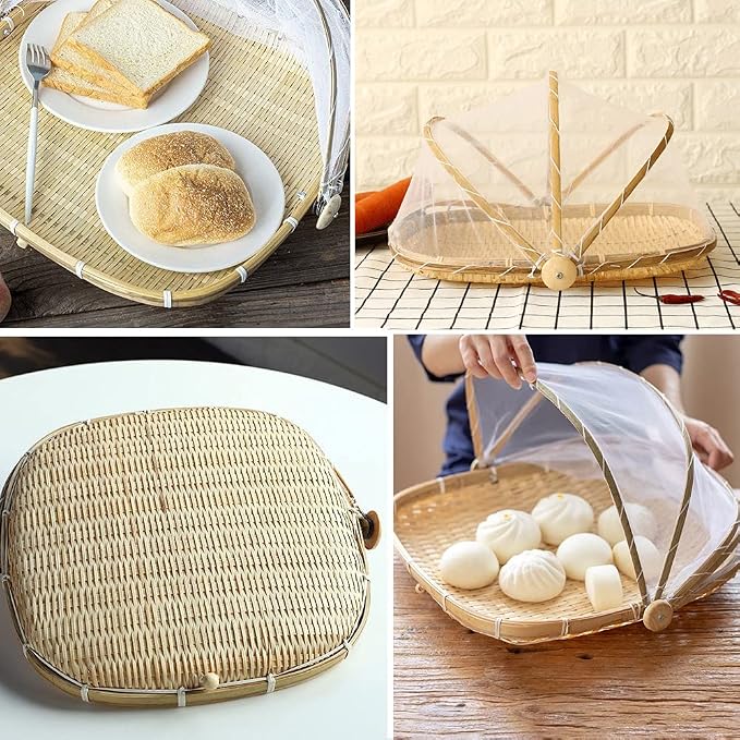 Mwellewm Food Bamboo Food Serving Tent Basket Hand-Woven Basket Serving Dustproof Picnic Basket Vegetable Fruits Bread Home Square Storage Basket with Mesh Gauze Cover Container