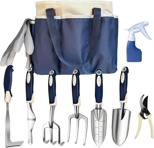 Gardening Tool Set, 10-Piece Heavy-Duty Aluminum Garden Tools with Non-Slip Handles and Large Tool Bag with Storage Pockets, Durable Hand Gardening Tools - Perfect Gardening Gift for Men and Wome