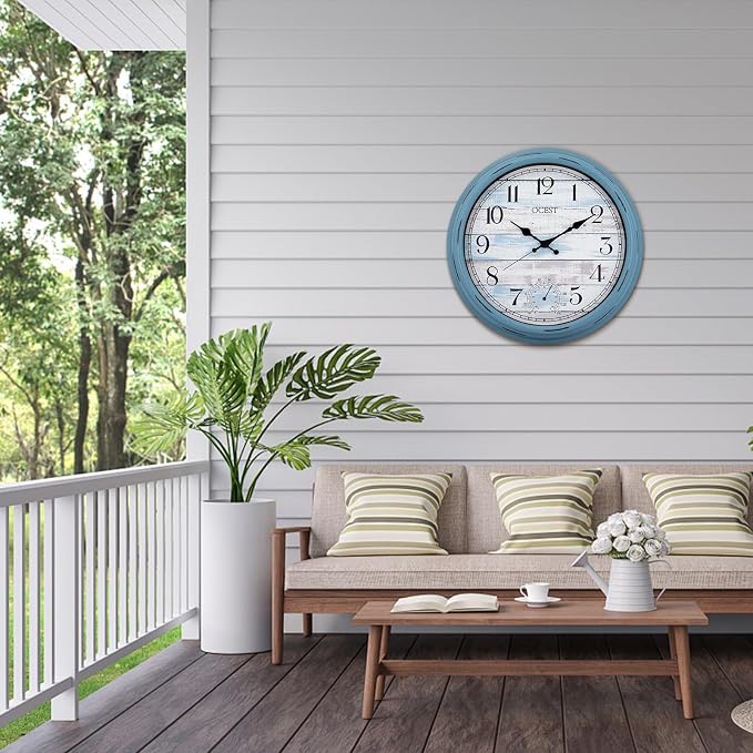OCEST 16 Inch Indoor Outdoor Clock, Waterproof Large Wall Clock with Thermometer, Silent Non-Ticking Battery Operated Decor for Patio Pool Porch Garden Garage（Blue）