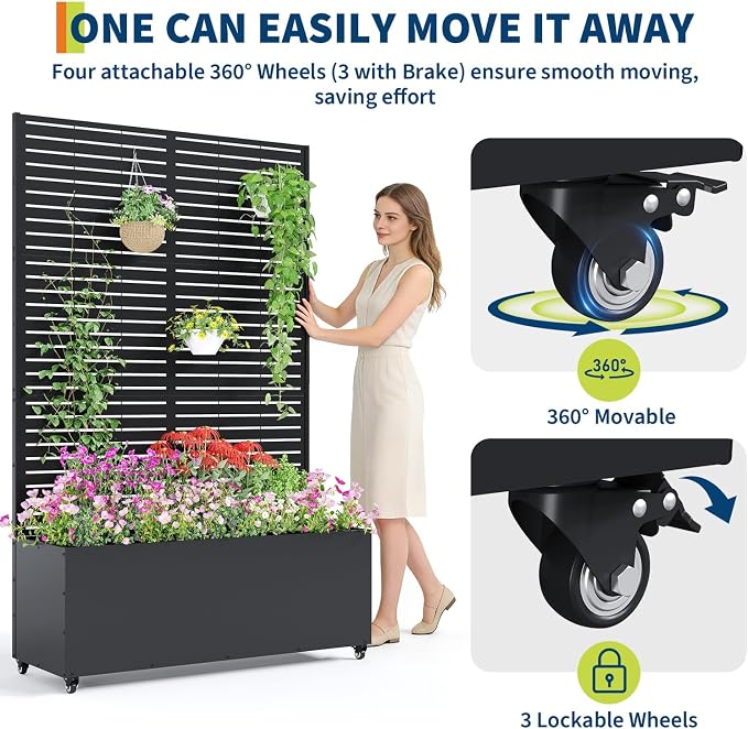 GarveeLife Metal Planter Box with Trellis and Wheels, 71"x47"x16" Raised Garden Bed for Climbing Plants, Vegetables, Vines, Privacy Planters for Patio with Drainage Holes, 15.7" Deep Planting Bed