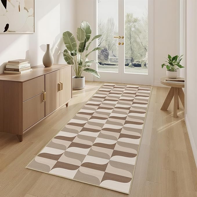 Modern Geometric Runner Rug 2x6 for Hallway Kitchen Bedroom Neutral Beige Brown Abstract Mid Century Modern Runner Rugs Machine Washable Non-Slip Print Low Pile Long Floor Carpet for Entryway Bathroom