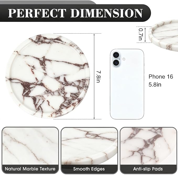 Natural Round Marble Tray - 7.8” Marble Perfume Tray for Dresser, Vanity, Bathroom, Decorative Jewelry Dish for Rings Earrings Necklaces, Stone Tray for Home Décor, Calacatta