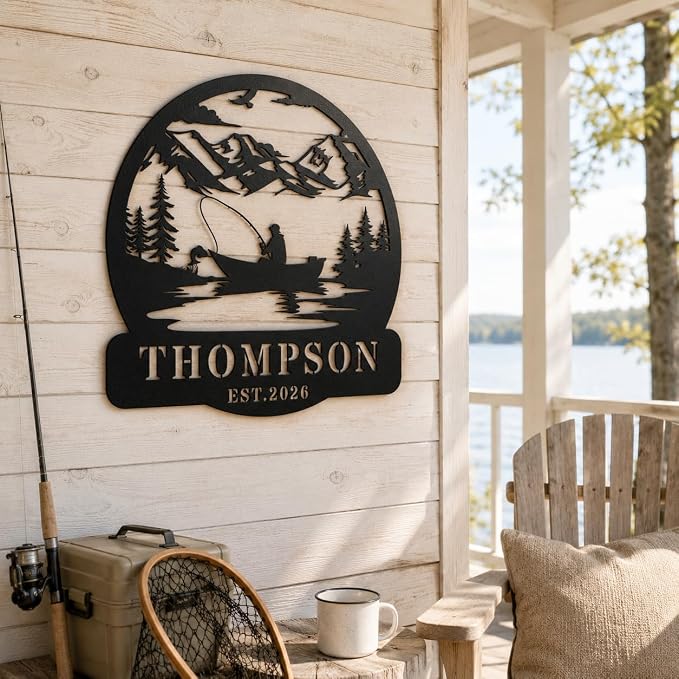 Personalized Fishing Metal Sign with Name, Custom Fisherman Wall Art for Lake House Cabin Man Cave Decor, Outdoor Iron Fishing Pole Plaque, Angler Gift for Dad