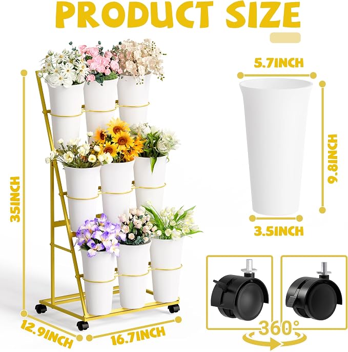 Invech Flower Display Stand with 9 Buckets, 3 Tier Flower Cart Display Stand and Wheels for Indoor Outdoor Garden, Wedding, Flower Shop (Gold)