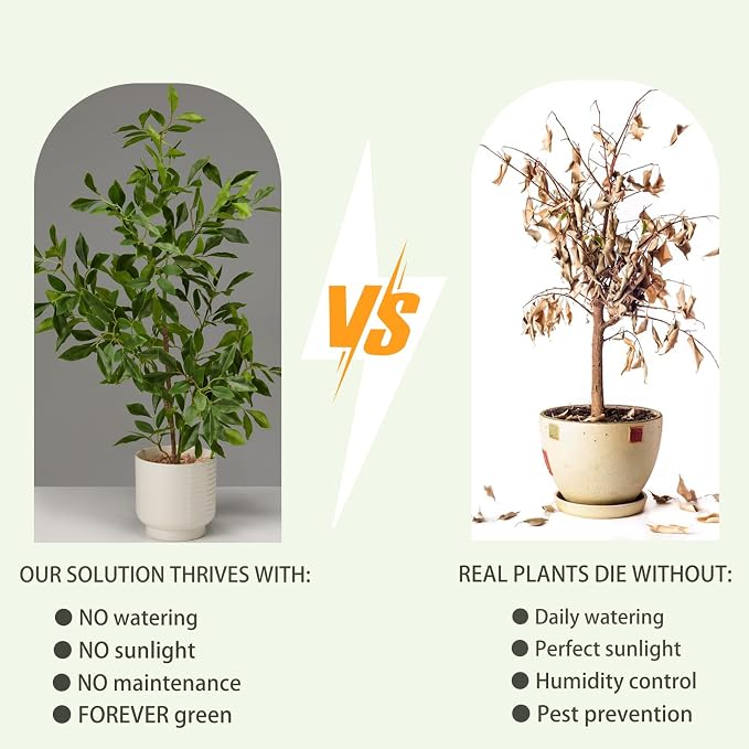 Artificial Potted Plants Indoor,27" Faux Plants Ficus Leaves Trees with Ceramic Pots,Realistic Fake Plant Indoor Potted for Living Room Office Farmhouse Room Bathroom Bedroom Kitchen Plant Decor