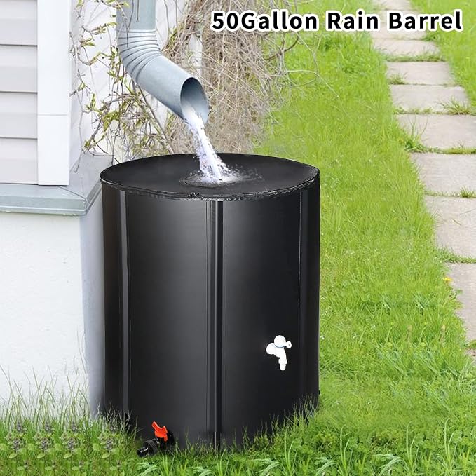 Collapsible Rain Barrel, 50 Gallon Portable Rainwater Collection System, Rain Catcher Barrel, Water Storage Tank with Two Spigots and Overflow Kit, Rain Water Barrel Collector for Garden, Black
