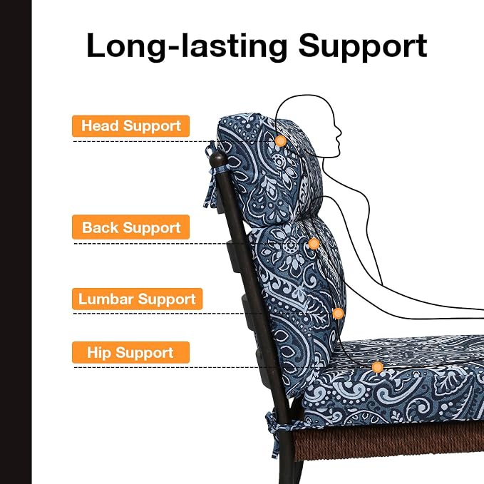 Unimatta Outdoor High Back Chair Cushion Seat Pads, 44 x 21 Inch Water-Repellent & Fade-Resistant Patio Furniture Cushions with Ties for Adirondack, Rocking Chairs, Damask Blue Flower