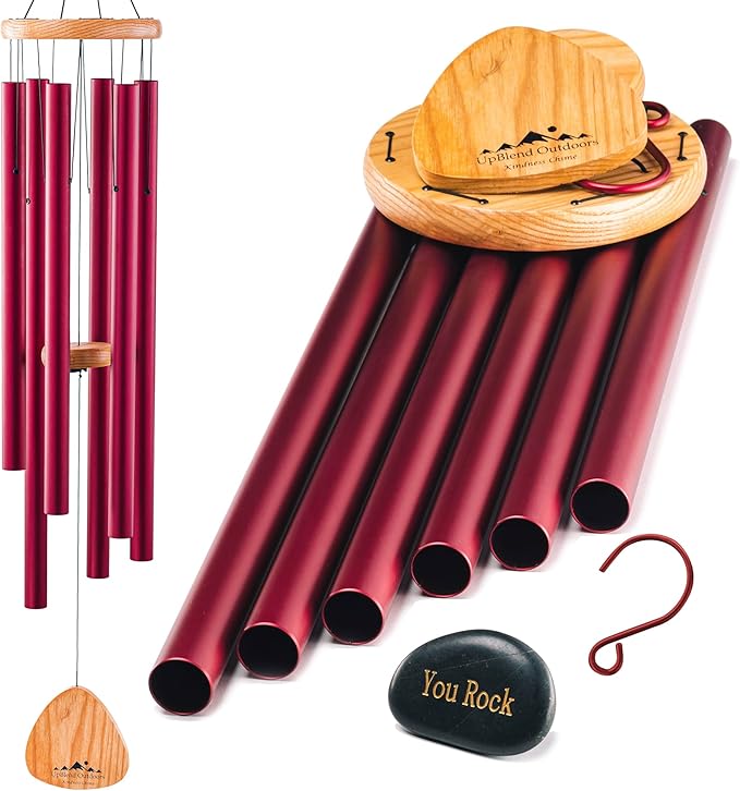 Red Wind Chimes for Outside Deep Tone, 41 Inch Hand Tuned B Major Pentatonic Alto Wind Chime with Decorative Kindness Stone, Outdoor Garden Patio Porch Decor, Meaningful Sympathy Memorial Gift
