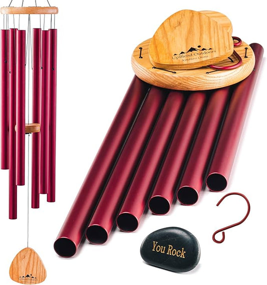 Red Wind Chimes for Outside Deep Tone, 41 Inch Hand Tuned B Major Pentatonic Alto Wind Chime with Decorative Kindness Stone, Outdoor Garden Patio Porch Decor, Meaningful Sympathy Memorial Gift