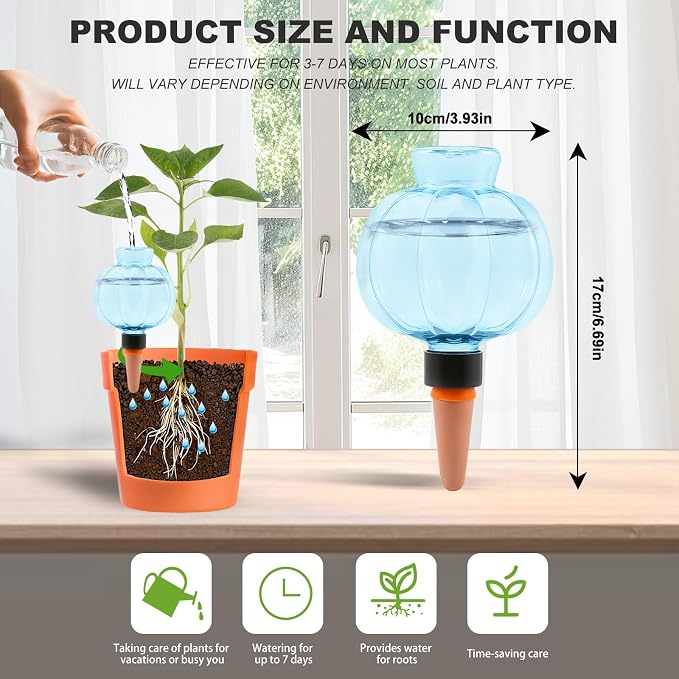 4 Pcs Plant Self Watering Globes, 17oz Large Plastic Water Bulbs Top Fill Watering Globes Slow Release Terracotta, Water Spikes Stakes for Indoor and Outdoor Plants (Blue)